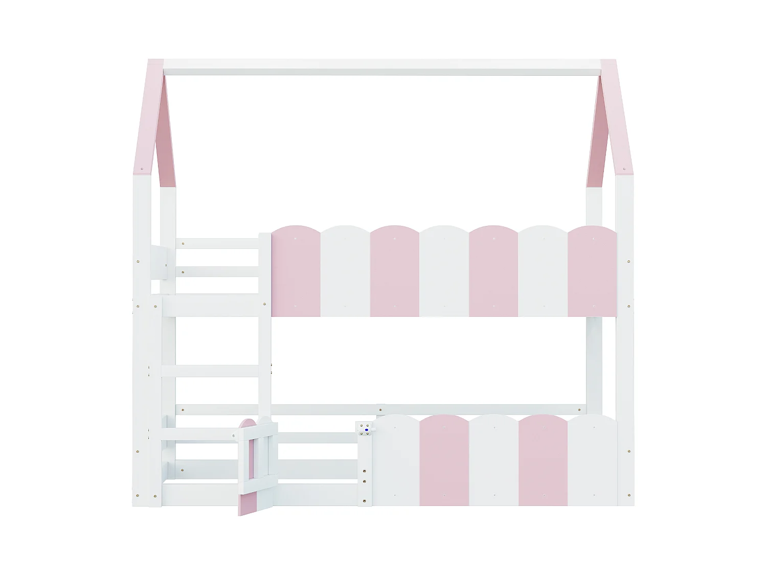 Lit superposé enfant 90 x 200 cm en forme de maison, sommier supérieur et garde-corps hauts, pour fille et garçon, rose