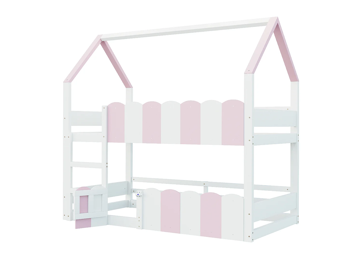 Lit superposé enfant 90 x 200 cm en forme de maison, sommier supérieur et garde-corps hauts, pour fille et garçon, rose