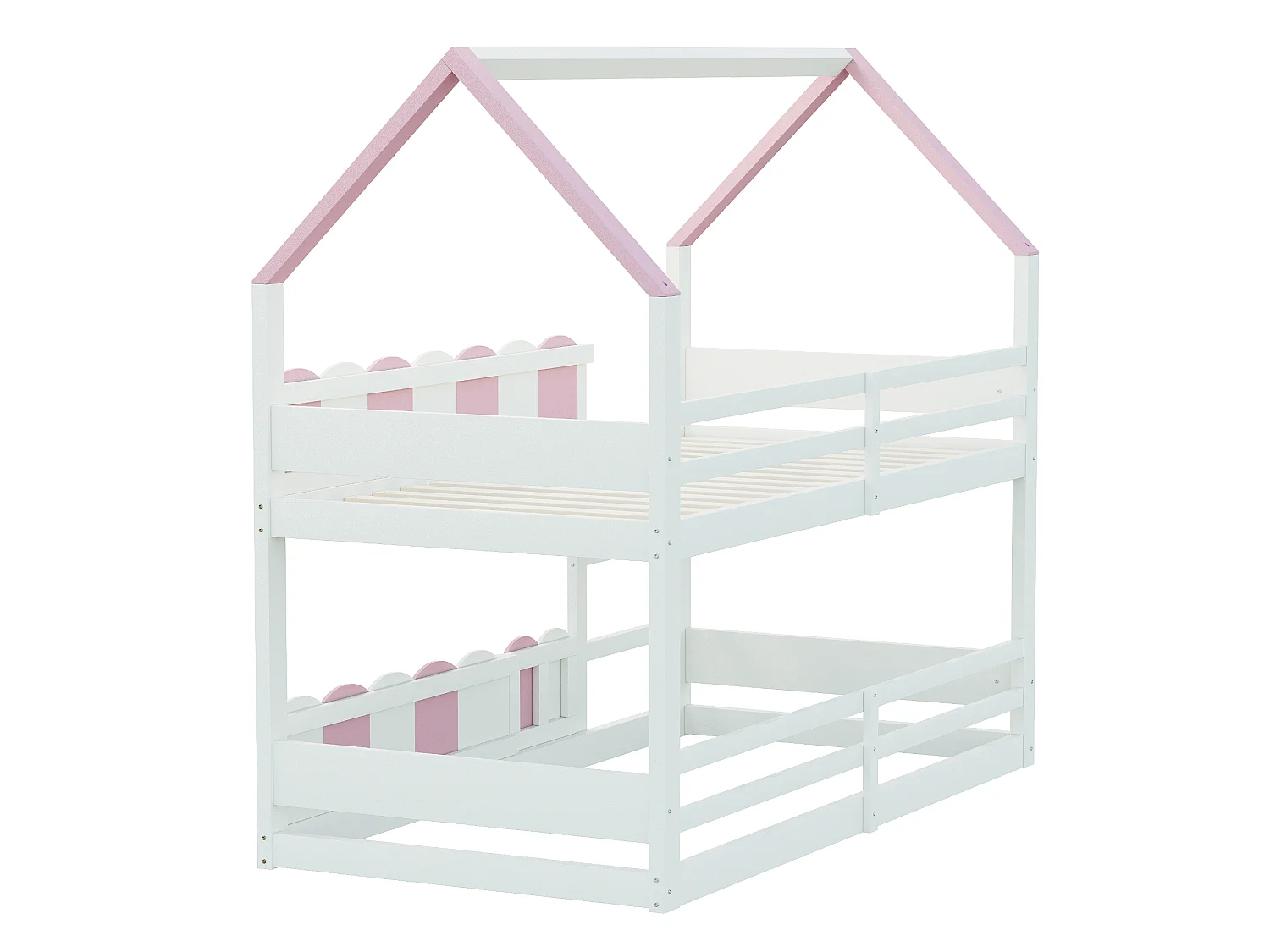 Lit superposé enfant 90 x 200 cm en forme de maison, sommier supérieur et garde-corps hauts, pour fille et garçon, rose
