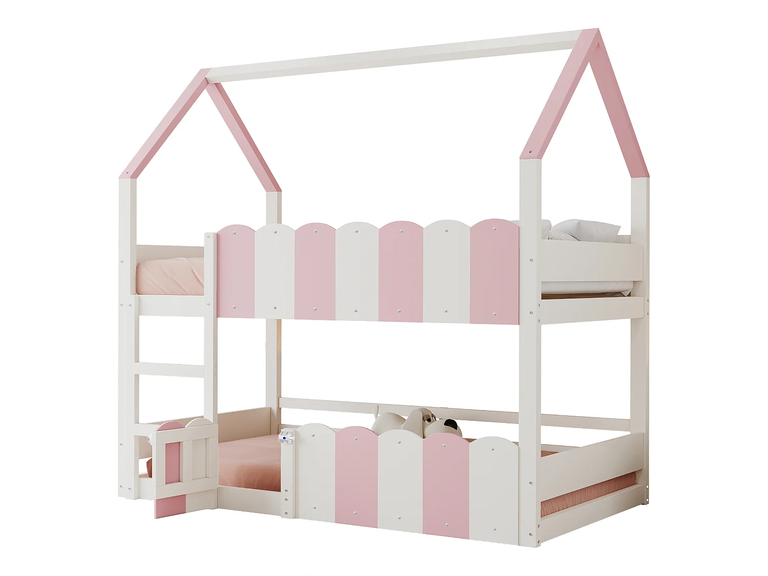 Lit superposé enfant 90 x 200 cm en forme de maison, sommier supérieur et garde-corps hauts, pour fille et garçon, rose