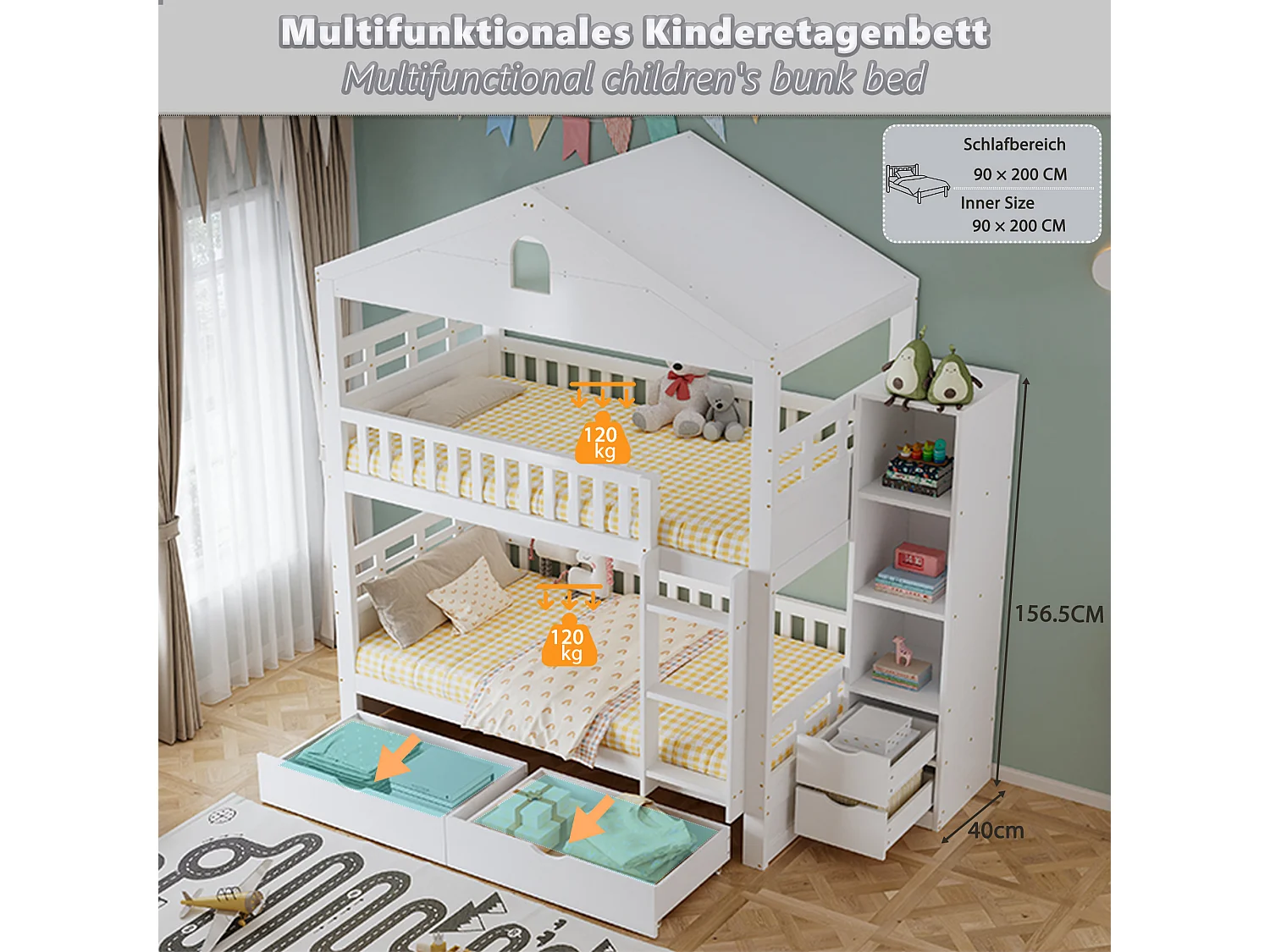 Lit superposé enfant 90 x 200 cm, design cabane, échelle, 2 grands tiroirs, meuble de rangement latéral, blanc