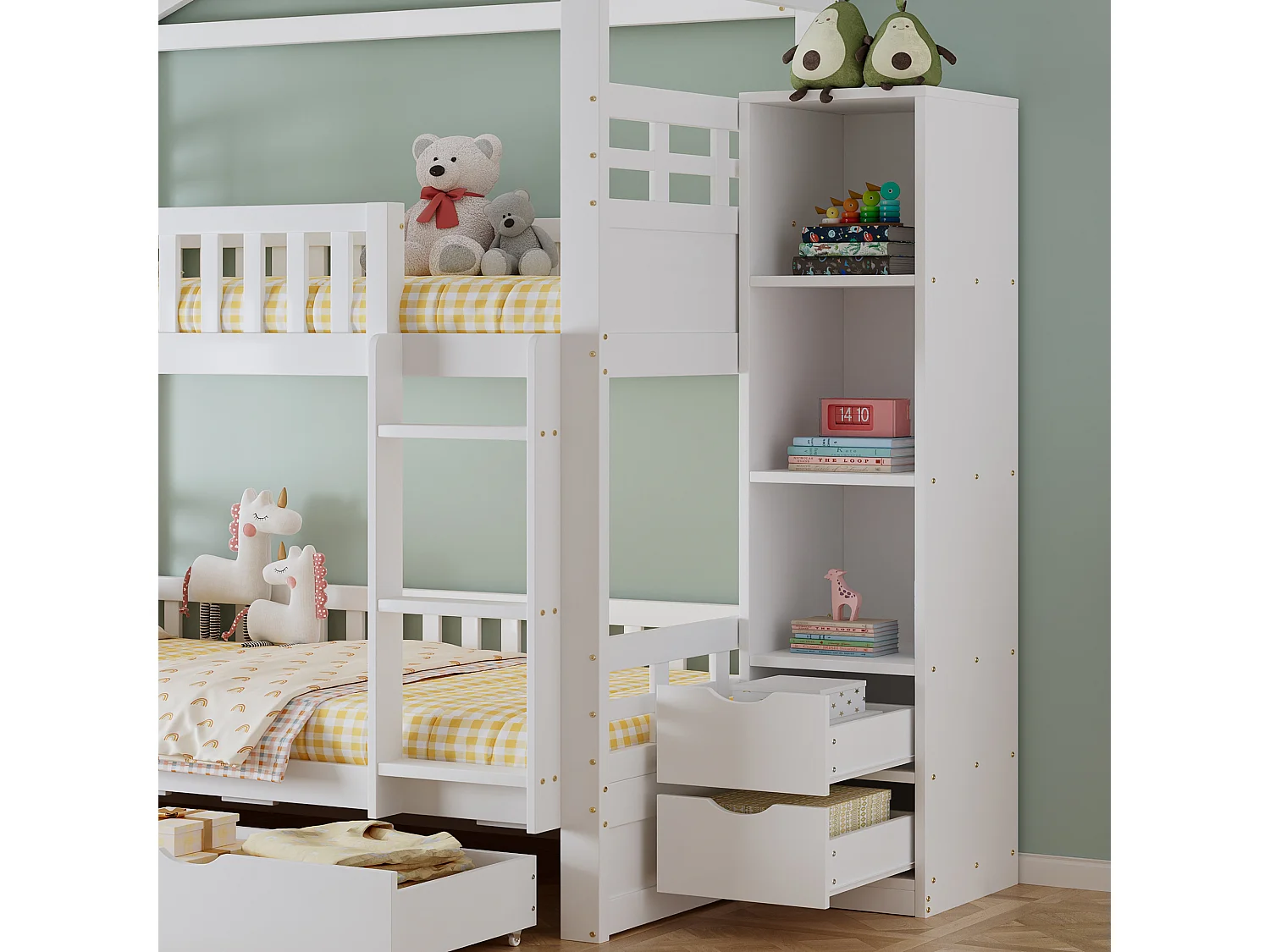 Lit superposé enfant 90 x 200 cm, design cabane, échelle, 2 grands tiroirs, meuble de rangement latéral, blanc