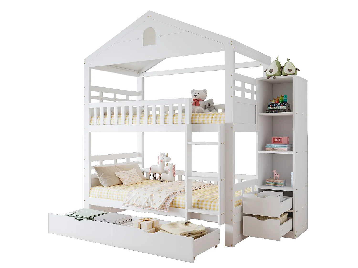 Lit superposé enfant 90 x 200 cm, design cabane, échelle, 2 grands tiroirs, meuble de rangement latéral, blanc