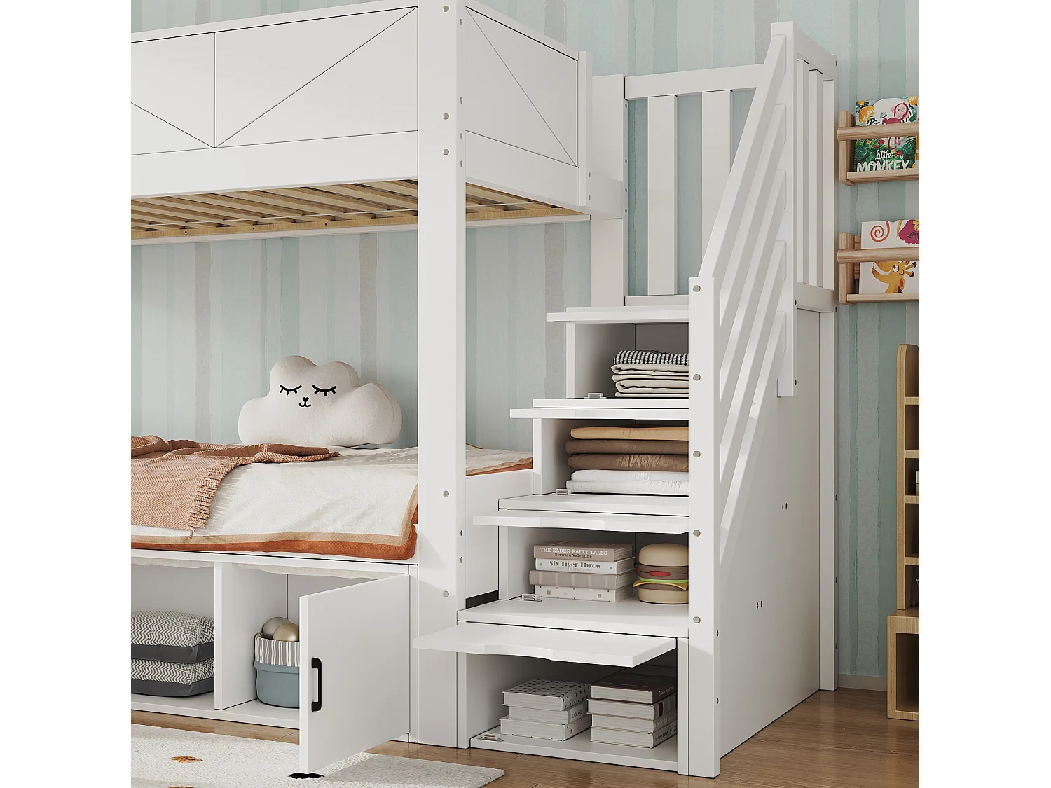 Lit superposé enfant 90x200cm avec escalier de rangement, casiers sous le lit, barrières de sécurité élevées et étagère à livres,bois blanc