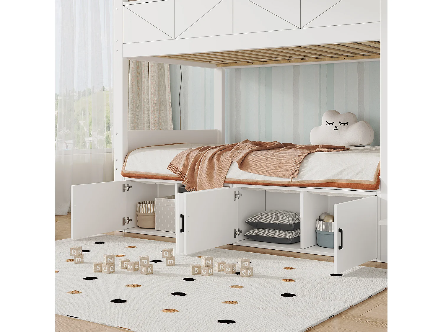 Lit superposé enfant 90x200cm avec escalier de rangement, casiers sous le lit, barrières de sécurité élevées et étagère à livres,bois blanc