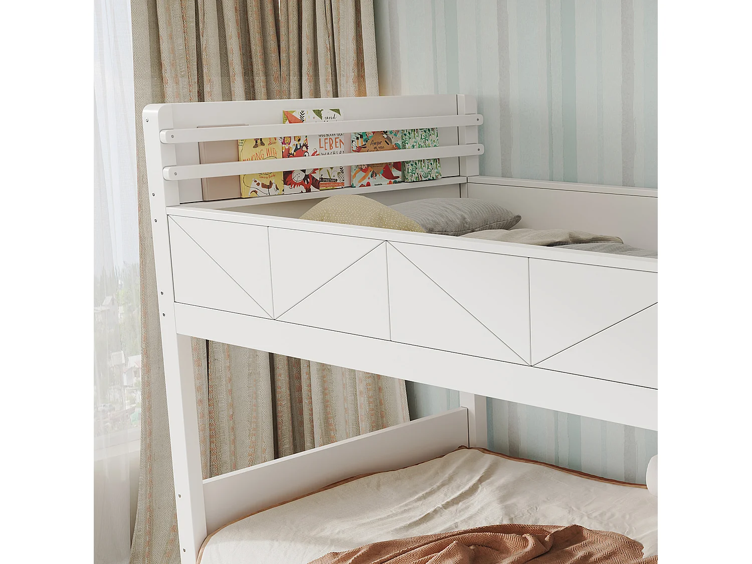 Lit superposé enfant 90x200cm avec escalier de rangement, casiers sous le lit, barrières de sécurité élevées et étagère à livres,bois blanc