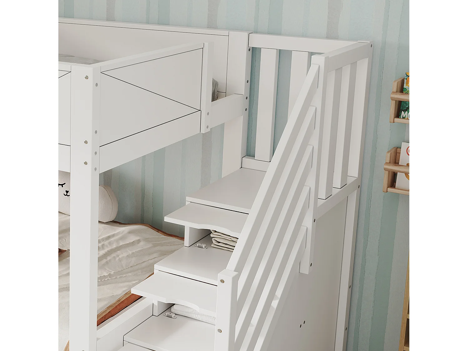 Lit superposé enfant 90x200cm avec escalier de rangement, casiers sous le lit, barrières de sécurité élevées et étagère à livres,bois blanc