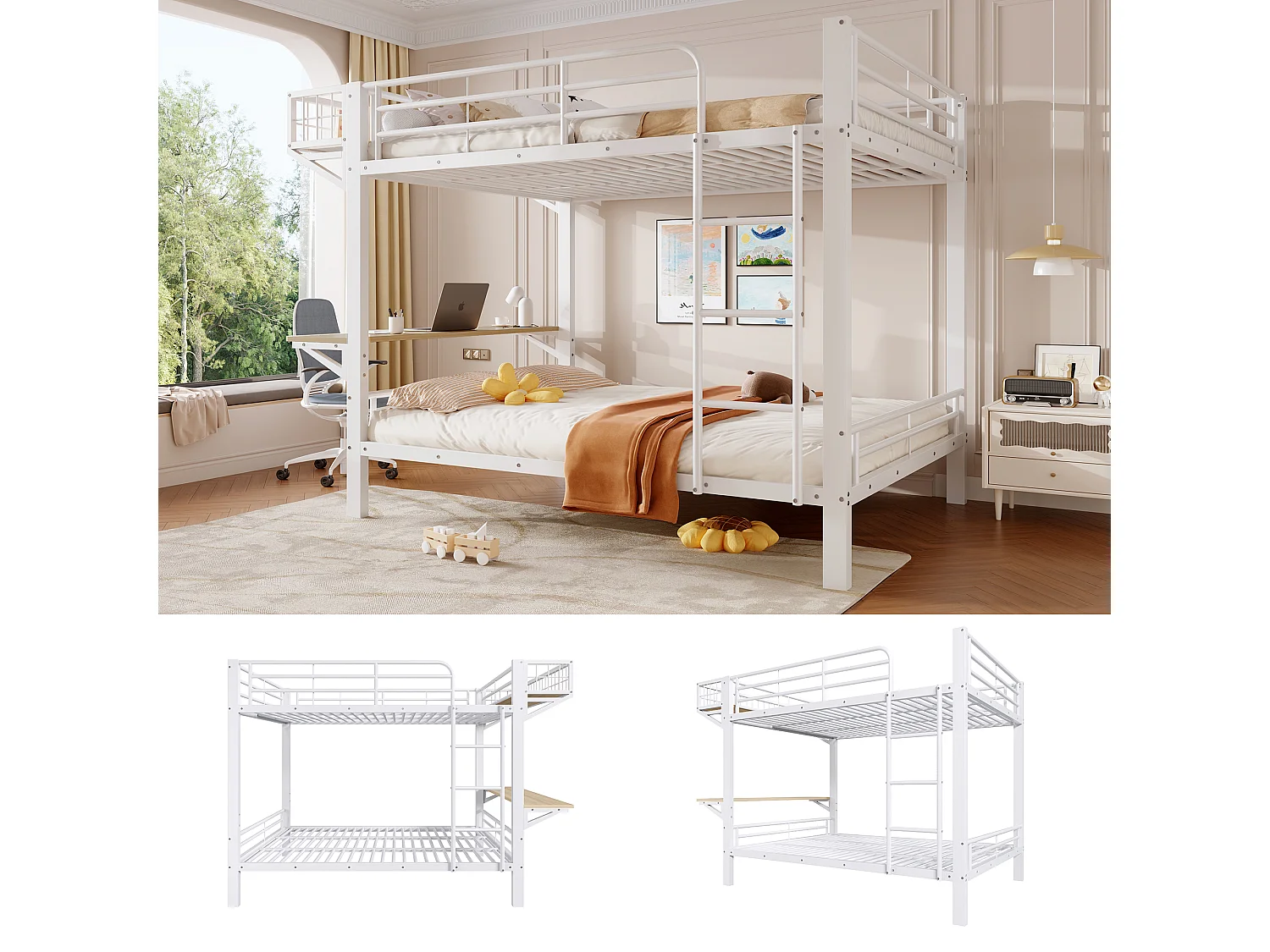 Lit superposé 140x200cm avec bureau, compartiment de rangement ouvert, garde-corps et échelle, couchage sans matelas, structure en métal blanc