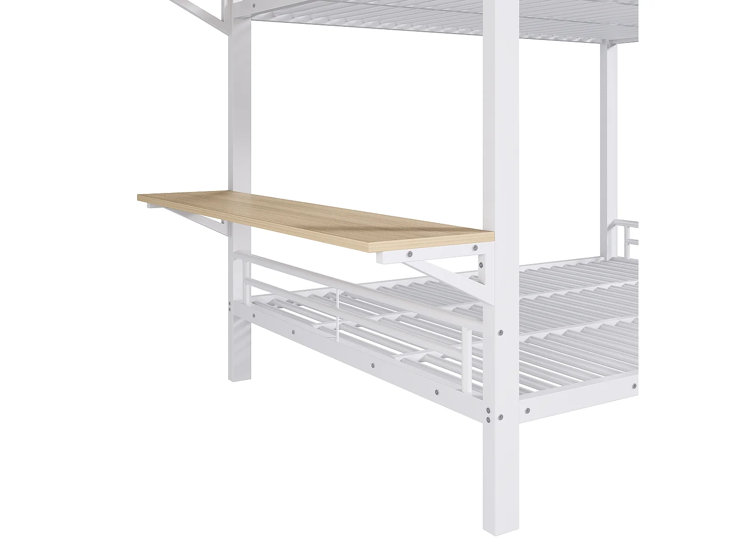 Lit superposé 140x200cm avec bureau, compartiment de rangement ouvert, garde-corps et échelle, couchage sans matelas, structure en métal blanc