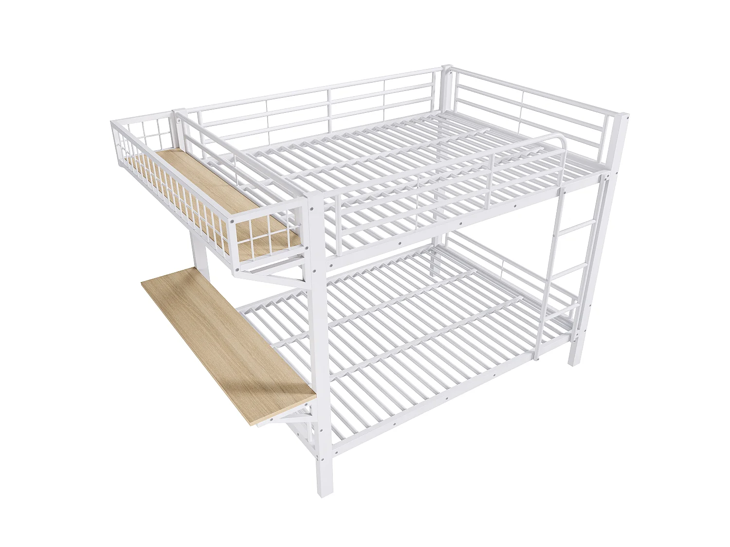 Lit superposé 140x200cm avec bureau, compartiment de rangement ouvert, garde-corps et échelle, couchage sans matelas, structure en métal blanc