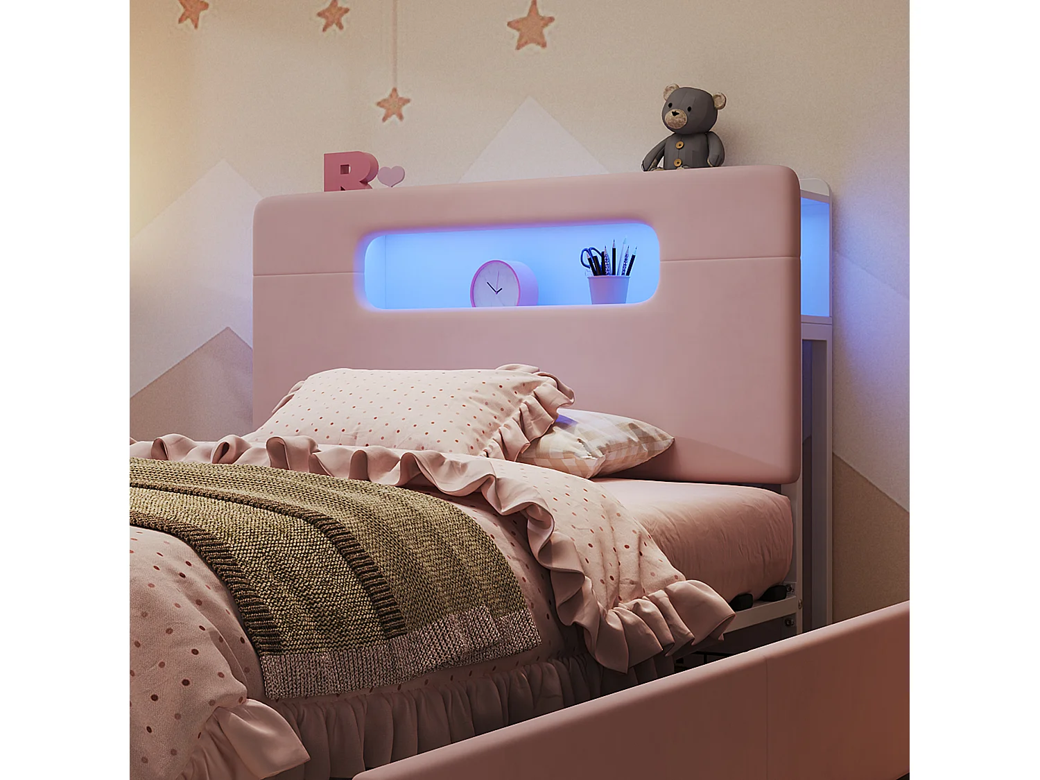 Lit enfant rembourré 90 x 200 cm, 4 tiroirs, tête de lit avec rangements, LED pilotée par application, rose