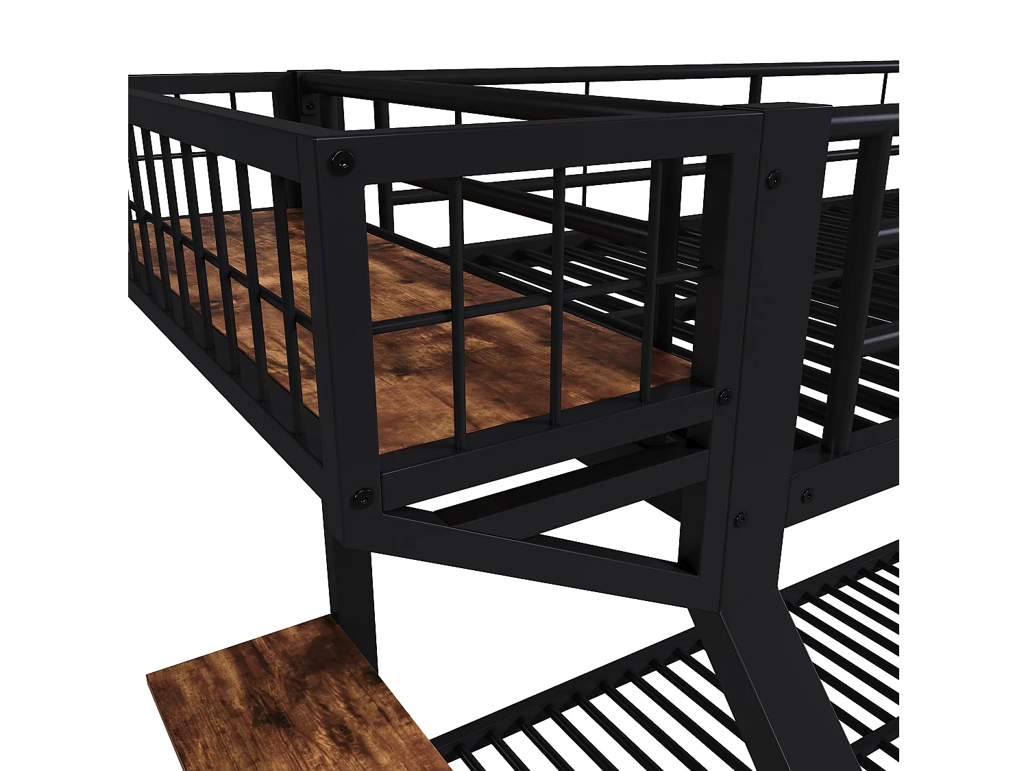 Lit superposé 90x200/140x200cm avec bureau, rangement ouvert, garde-corps et échelle, couchages sans matelas, structure en métal noir