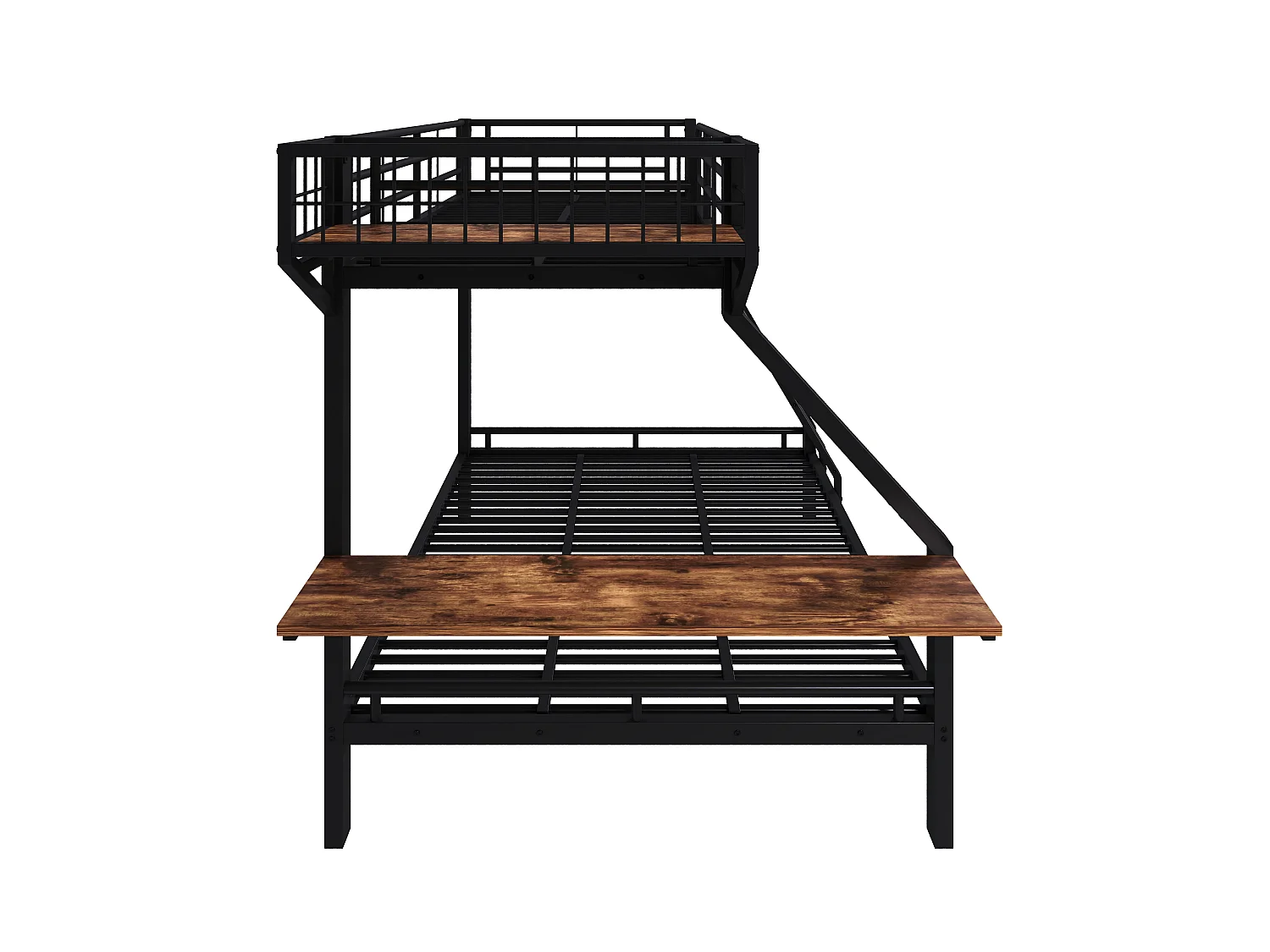 Lit superposé 90x200/140x200cm avec bureau, rangement ouvert, garde-corps et échelle, couchages sans matelas, structure en métal noir