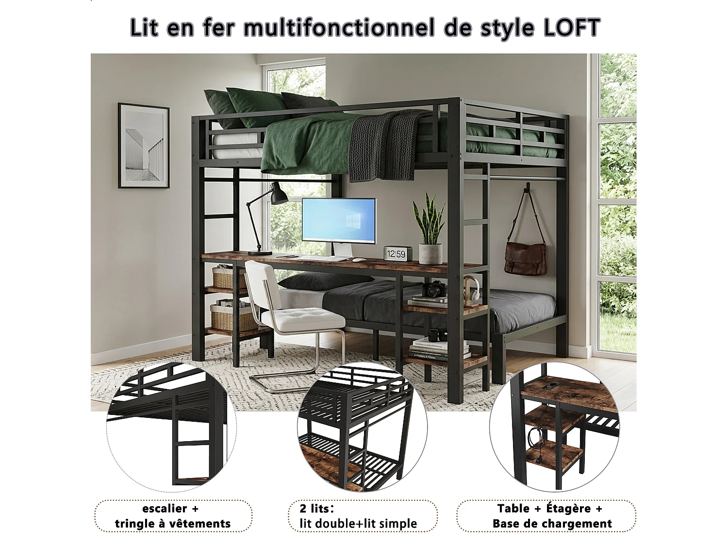 Lit superposé métal 140 x 200 / 90 x 200 cm, bureau, penderie, échelles des 2 côtés, station de charge, noir