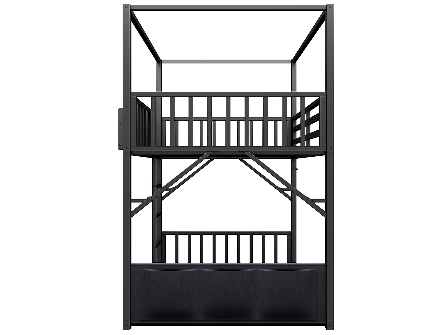 Lit superposé enfant 90 x 200 cm en métal, structure toit, rangement intégré, barrières de sécurité, noir