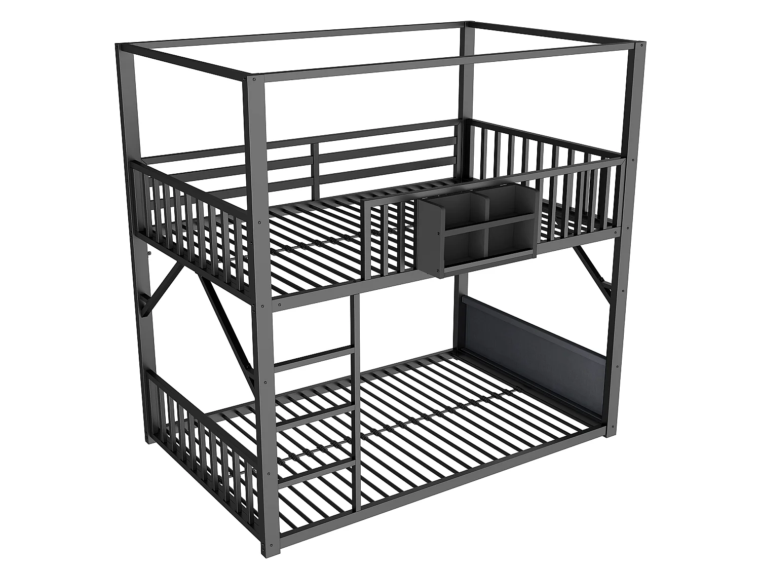Lit superposé enfant 90 x 200 cm en métal, structure toit, rangement intégré, barrières de sécurité, noir