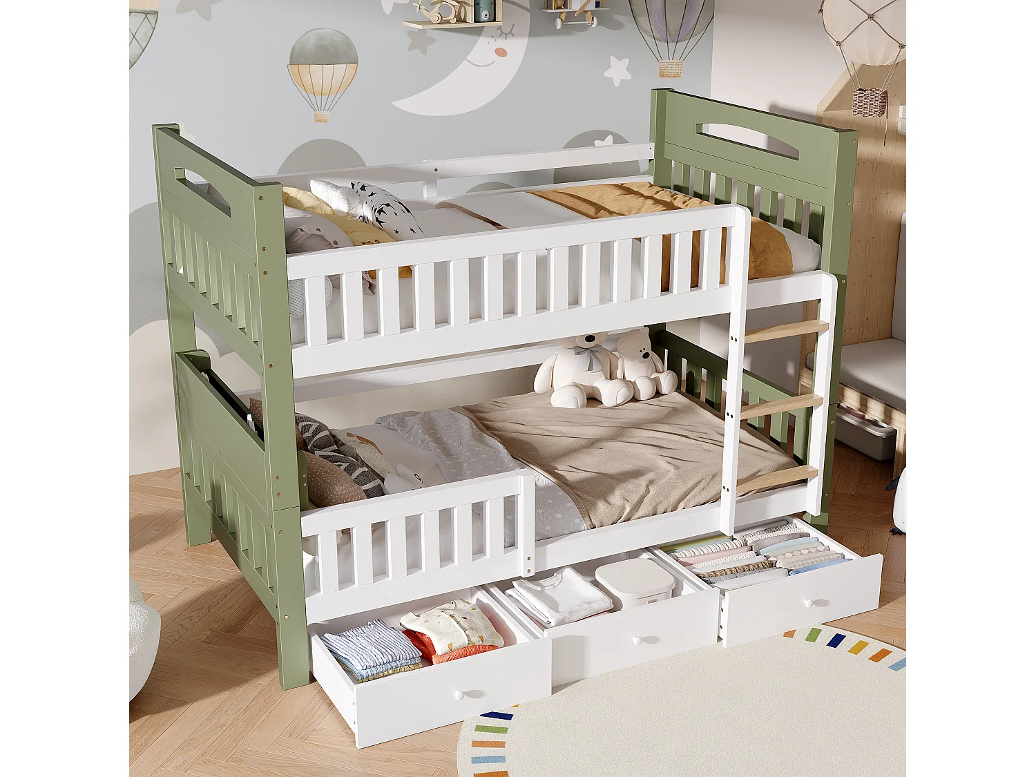 Lit superposé enfant 90 x 200 cm en bois, échelle, garde-corps haut, étagère latérale et 3 tiroirs, blanc et vert