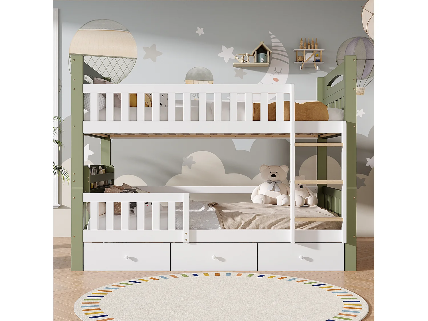 Lit superposé enfant 90 x 200 cm en bois, échelle, garde-corps haut, étagère latérale et 3 tiroirs, blanc et vert
