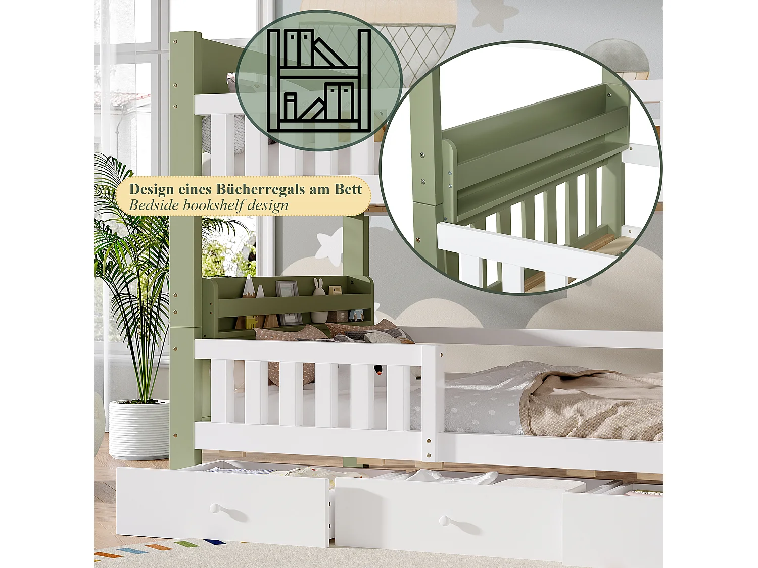 Lit superposé enfant 90 x 200 cm en bois, échelle, garde-corps haut, étagère latérale et 3 tiroirs, blanc et vert