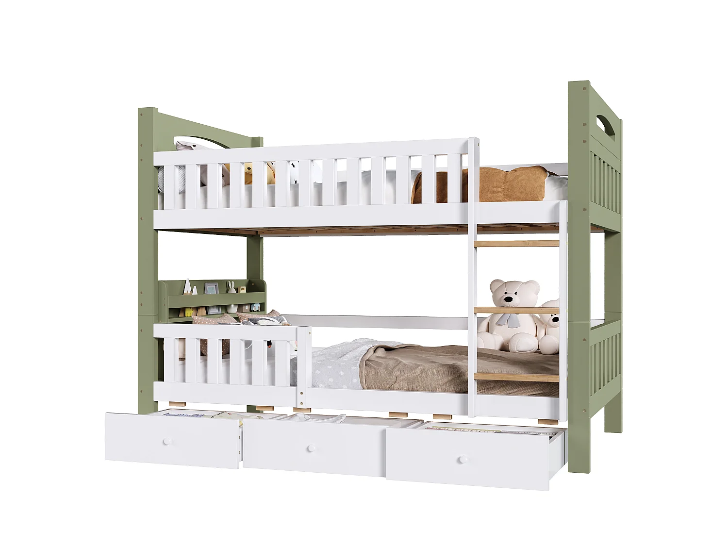 Lit superposé enfant 90 x 200 cm en bois, échelle, garde-corps haut, étagère latérale et 3 tiroirs, blanc et vert