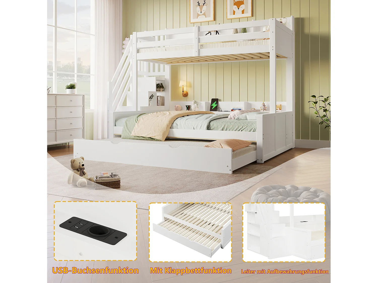 Lit superposé en bois 90 x 200 / 140 x 200 cm avec lit gigogne 90 x 190 cm, escalier de rangement, USB, blanc
