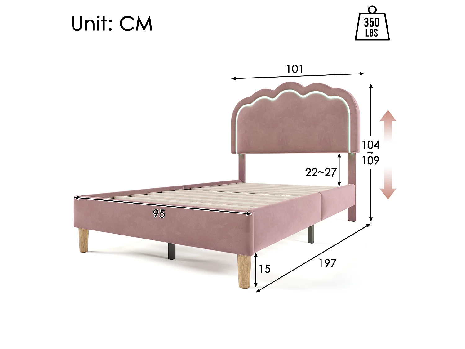 Lit simple rembourré 90x190 cm, éclairage LED, tête de lit réglable, sommier à lattes, Velours Rose