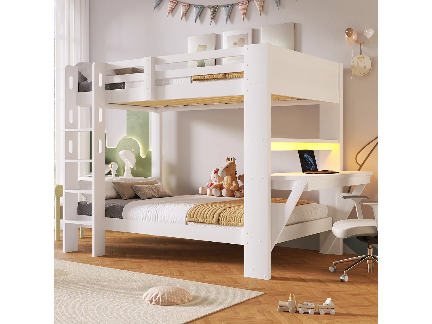Lit superposé 90x200 cm avec bureau - Lit haut enfant et ados avec prise de courant, bande LED et sommier,bois de pin blanc
