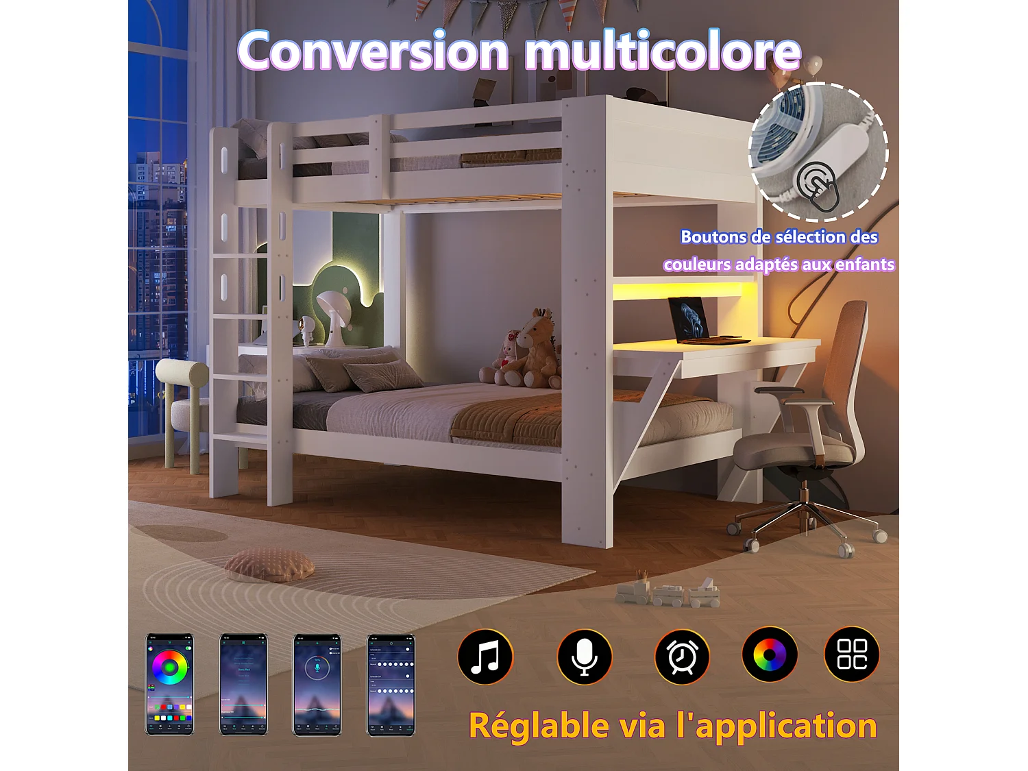 Lit superposé 90x200 cm avec bureau - Lit haut enfant et ados avec prise de courant, bande LED et sommier,bois de pin blanc