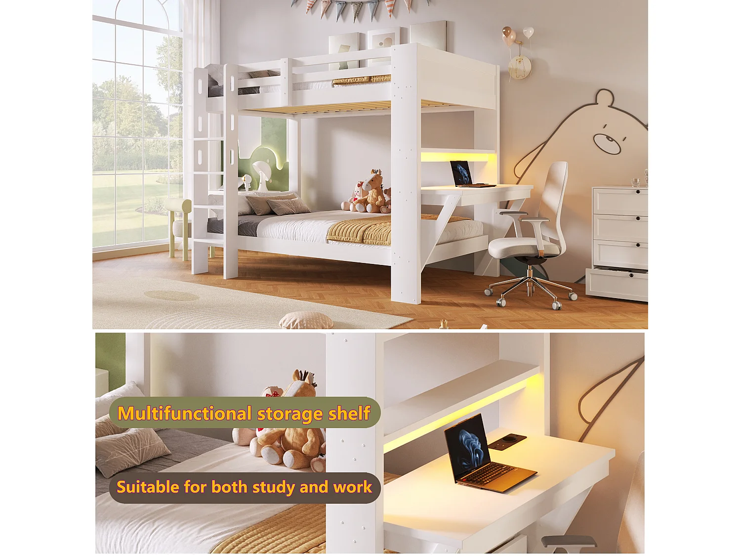 Lit superposé 90x200 cm avec bureau - Lit haut enfant et ados avec prise de courant, bande LED et sommier,bois de pin blanc