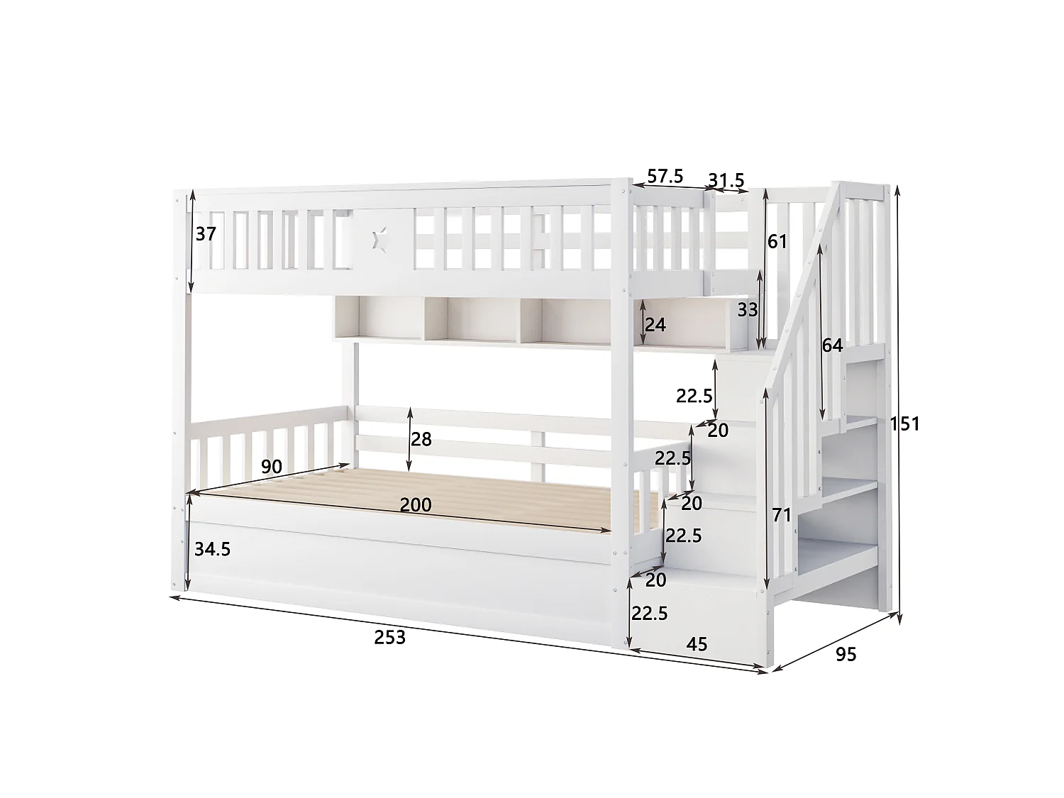 Lit superposé enfant 90 x 200 cm, couchage bas avec rangement hydraulique, escalier de rangement et étagères, gain de place, bois, blanc