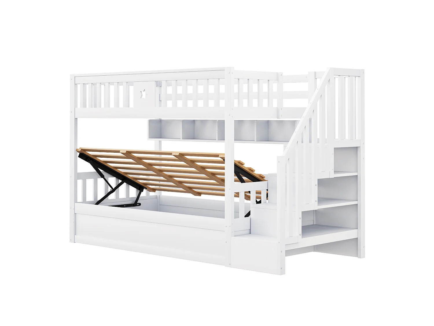 Lit superposé enfant 90 x 200 cm, couchage bas avec rangement hydraulique, escalier de rangement et étagères, gain de place, bois, blanc