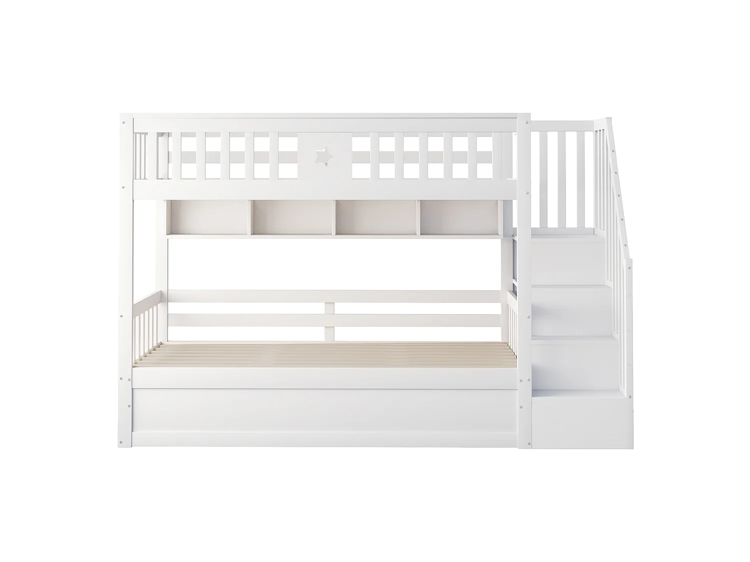 Lit superposé enfant 90 x 200 cm, couchage bas avec rangement hydraulique, escalier de rangement et étagères, gain de place, bois, blanc