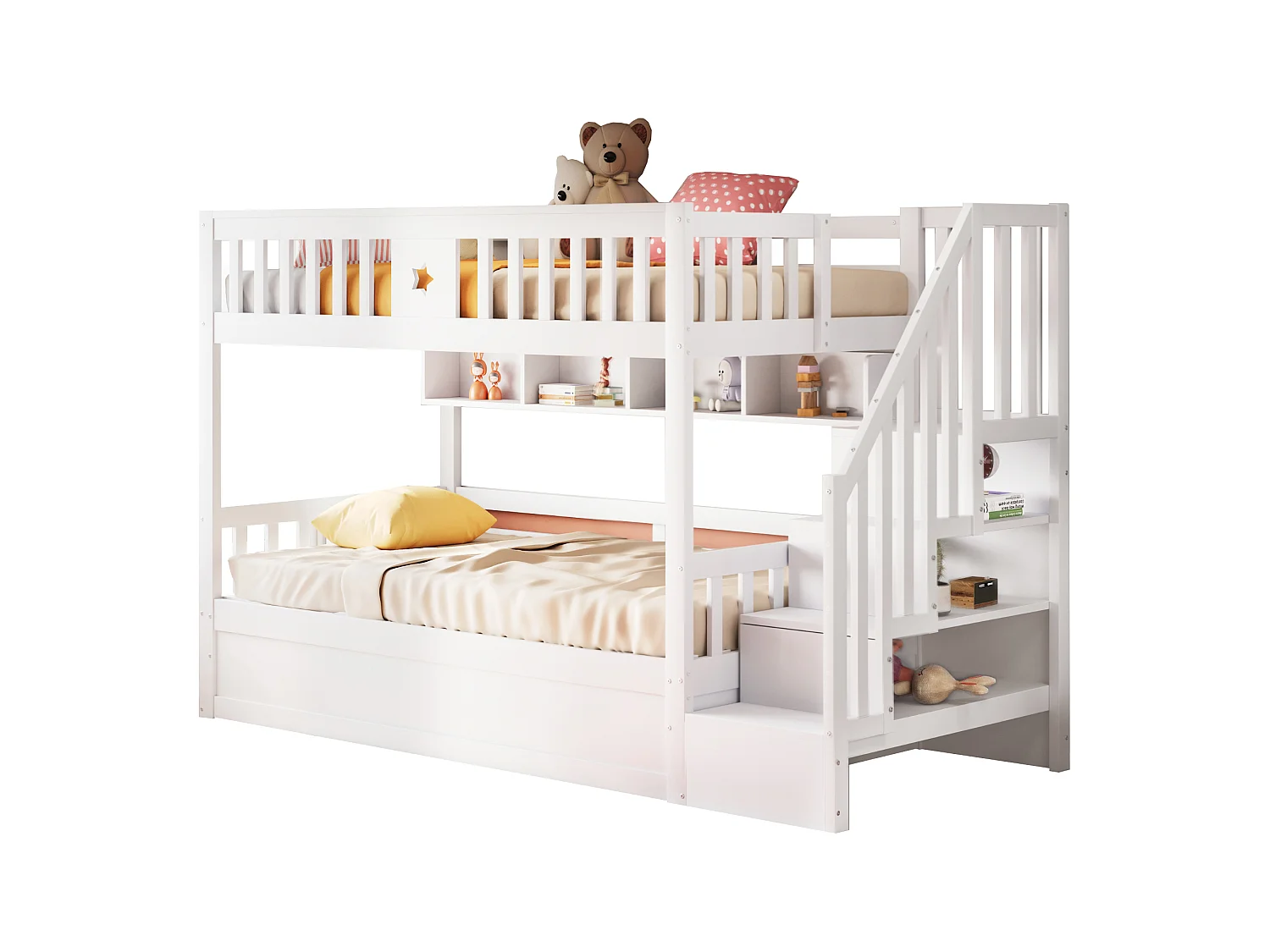 Lit superposé enfant 90 x 200 cm, couchage bas avec rangement hydraulique, escalier de rangement et étagères, gain de place, bois, blanc