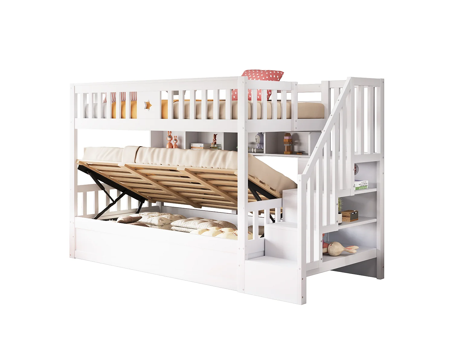 Lit superposé enfant 90 x 200 cm, couchage bas avec rangement hydraulique, escalier de rangement et étagères, gain de place, bois, blanc