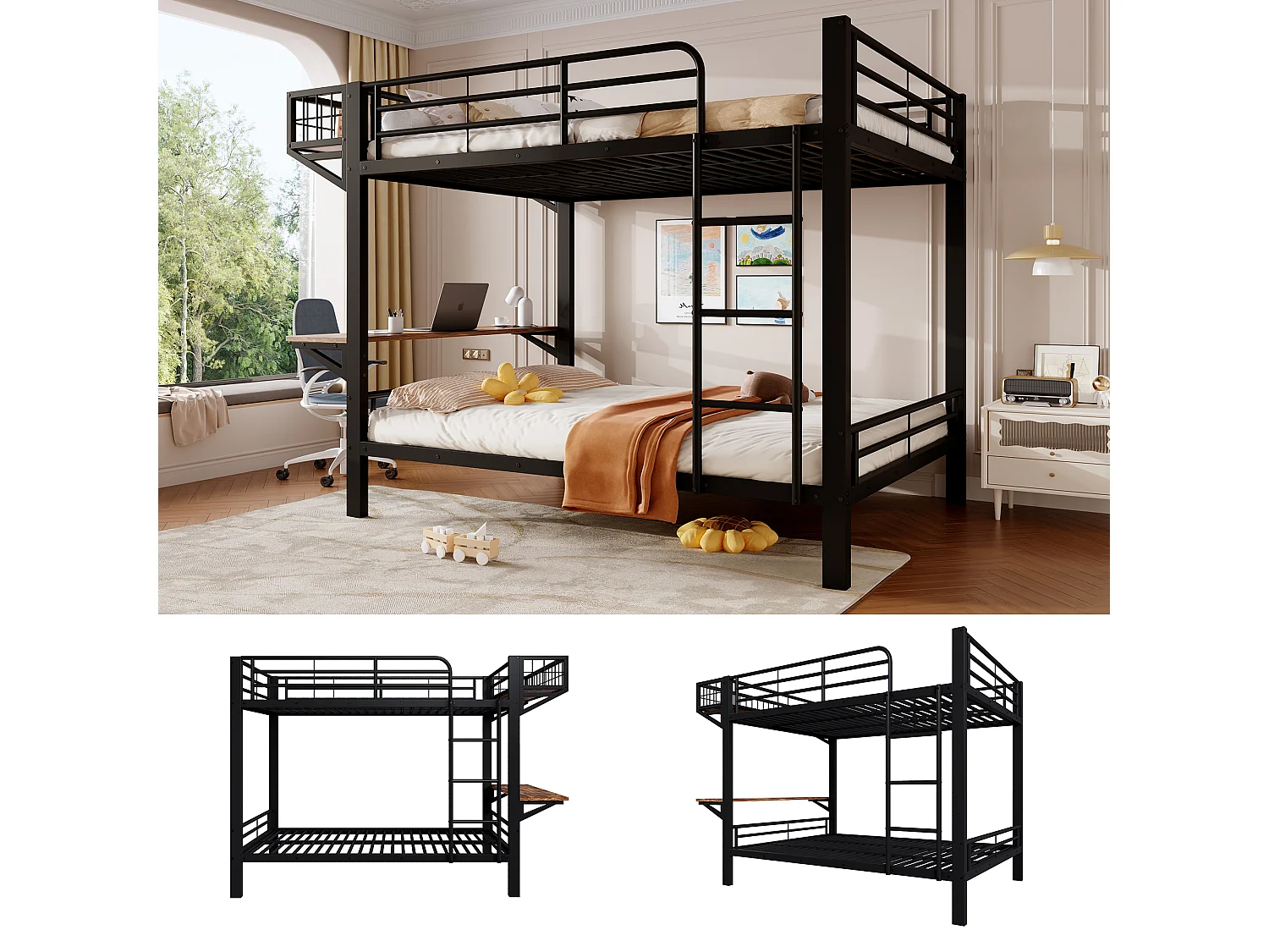 Lit superposé 140x200cm avec bureau, compartiment de rangement ouvert, garde-corps et échelle, couchages sans matelas, structure en métal noir