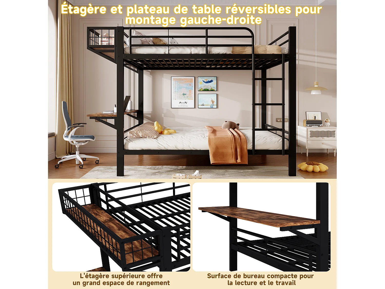 Lit superposé 140x200cm avec bureau, compartiment de rangement ouvert, garde-corps et échelle, couchages sans matelas, structure en métal noir