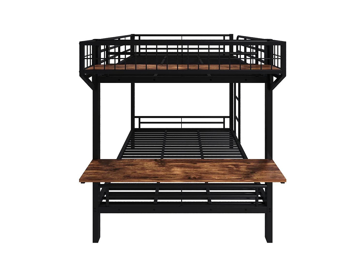 Lit superposé 140x200cm avec bureau, compartiment de rangement ouvert, garde-corps et échelle, couchages sans matelas, structure en métal noir