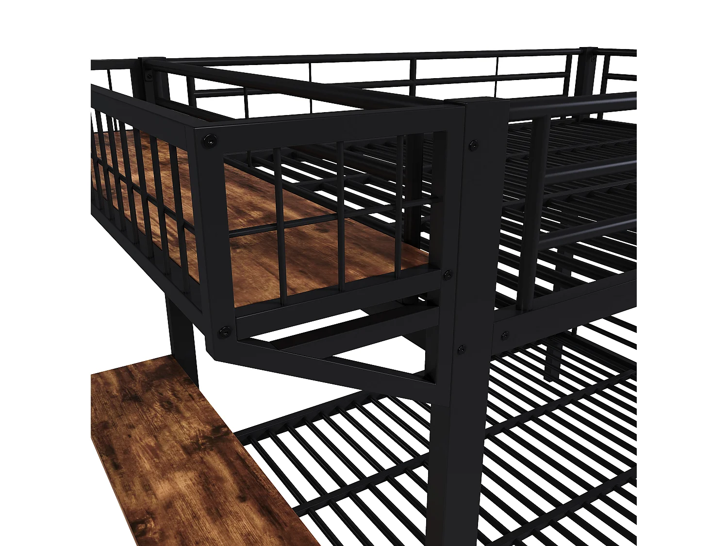 Lit superposé 140x200cm avec bureau, compartiment de rangement ouvert, garde-corps et échelle, couchages sans matelas, structure en métal noir