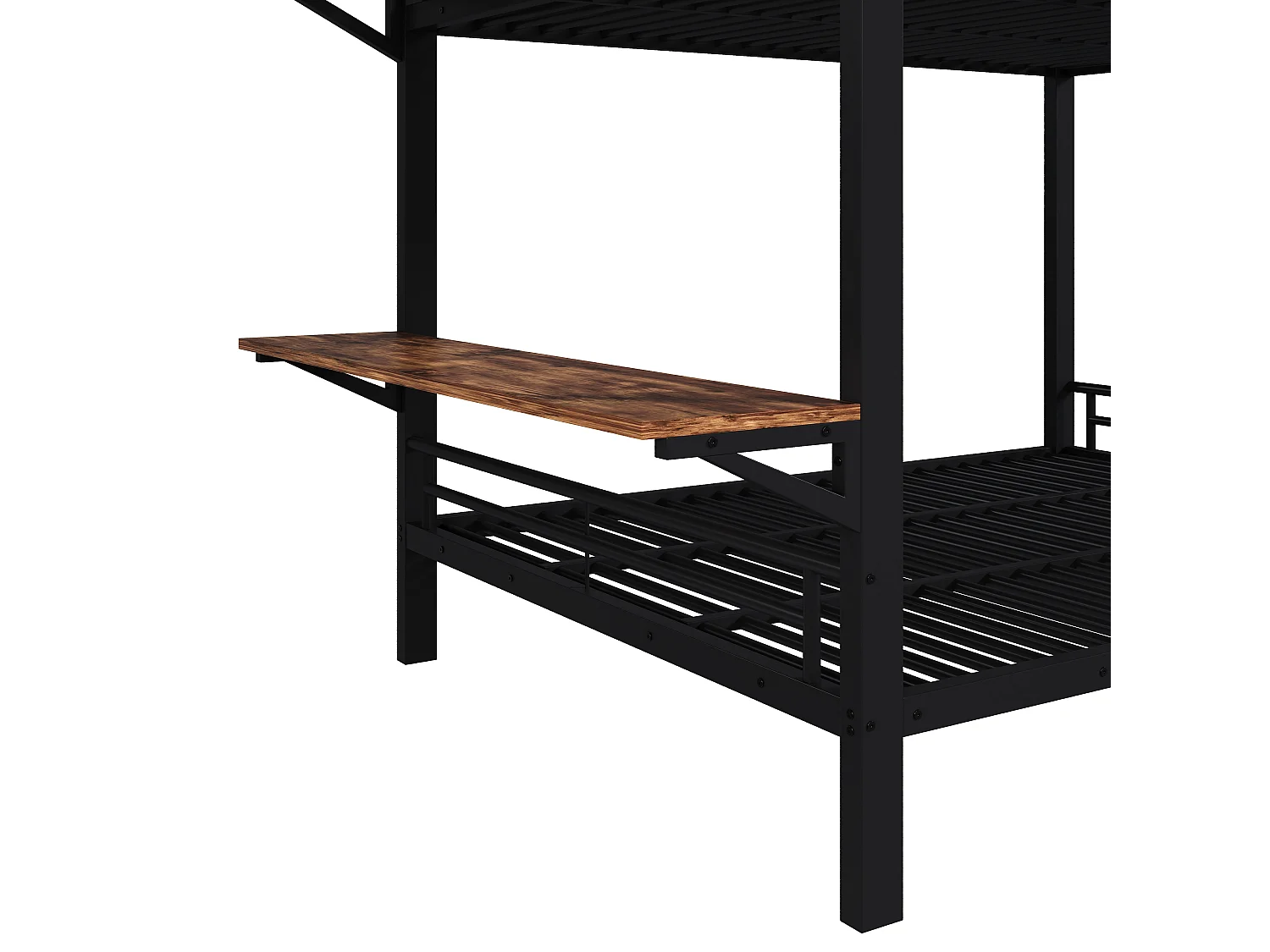 Lit superposé 140x200cm avec bureau, compartiment de rangement ouvert, garde-corps et échelle, couchages sans matelas, structure en métal noir