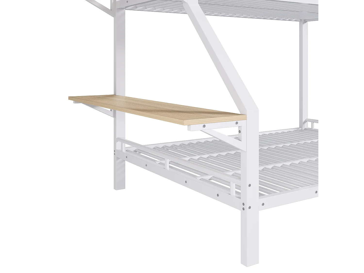 Lit superposé 90x200/140x200cm avec bureau, rangement ouvert, garde-corps et échelle, couchages sans matelas, structure en métal blanc