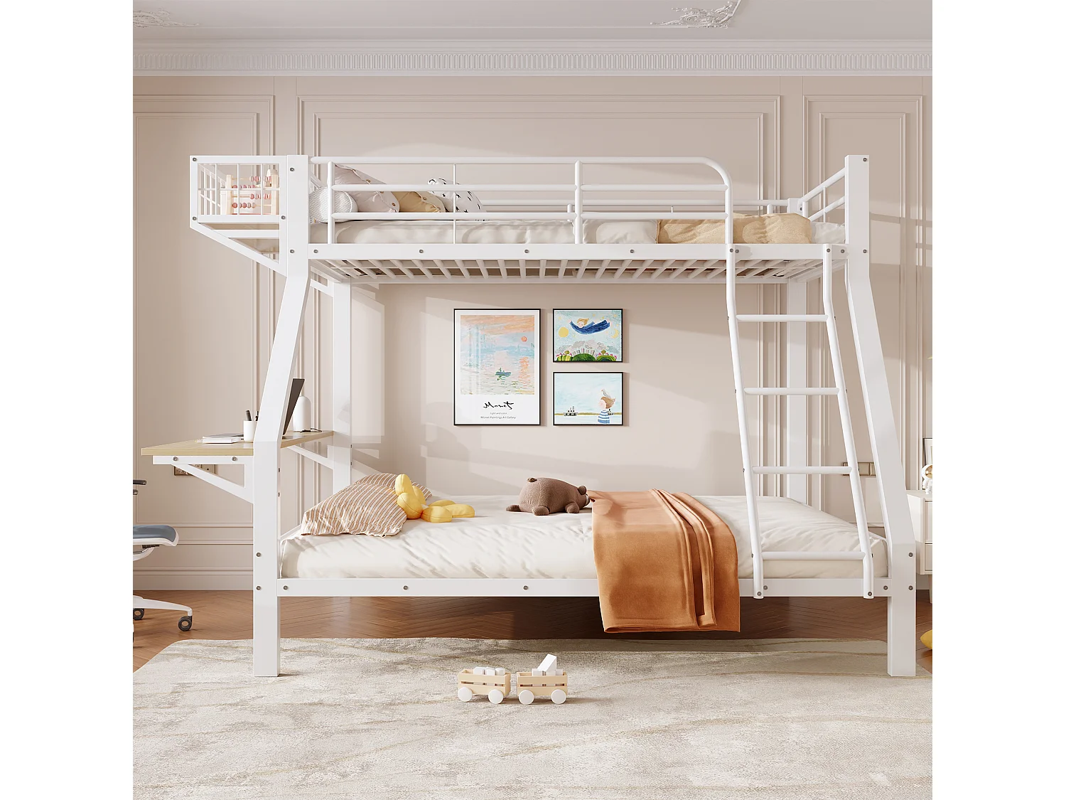 Lit superposé 90x200/140x200cm avec bureau, rangement ouvert, garde-corps et échelle, couchages sans matelas, structure en métal blanc