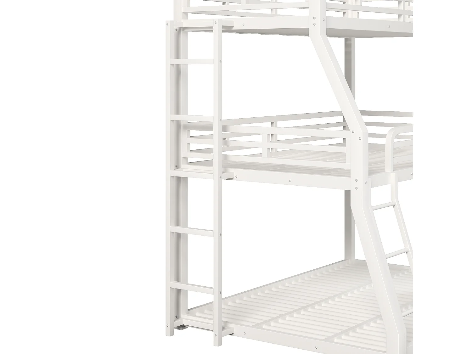 Lit superposé triple en métal, couchages 90 x 200, 120 x 200 et 140 x 200 cm, échelle repositionnable, sans matelas, blanc