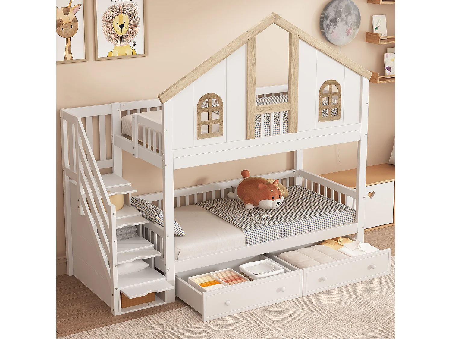Lit superposé enfant 90 x 200 cm, design cabane, escalier de rangement, grands tiroirs, fenêtres, blanc et bois naturel