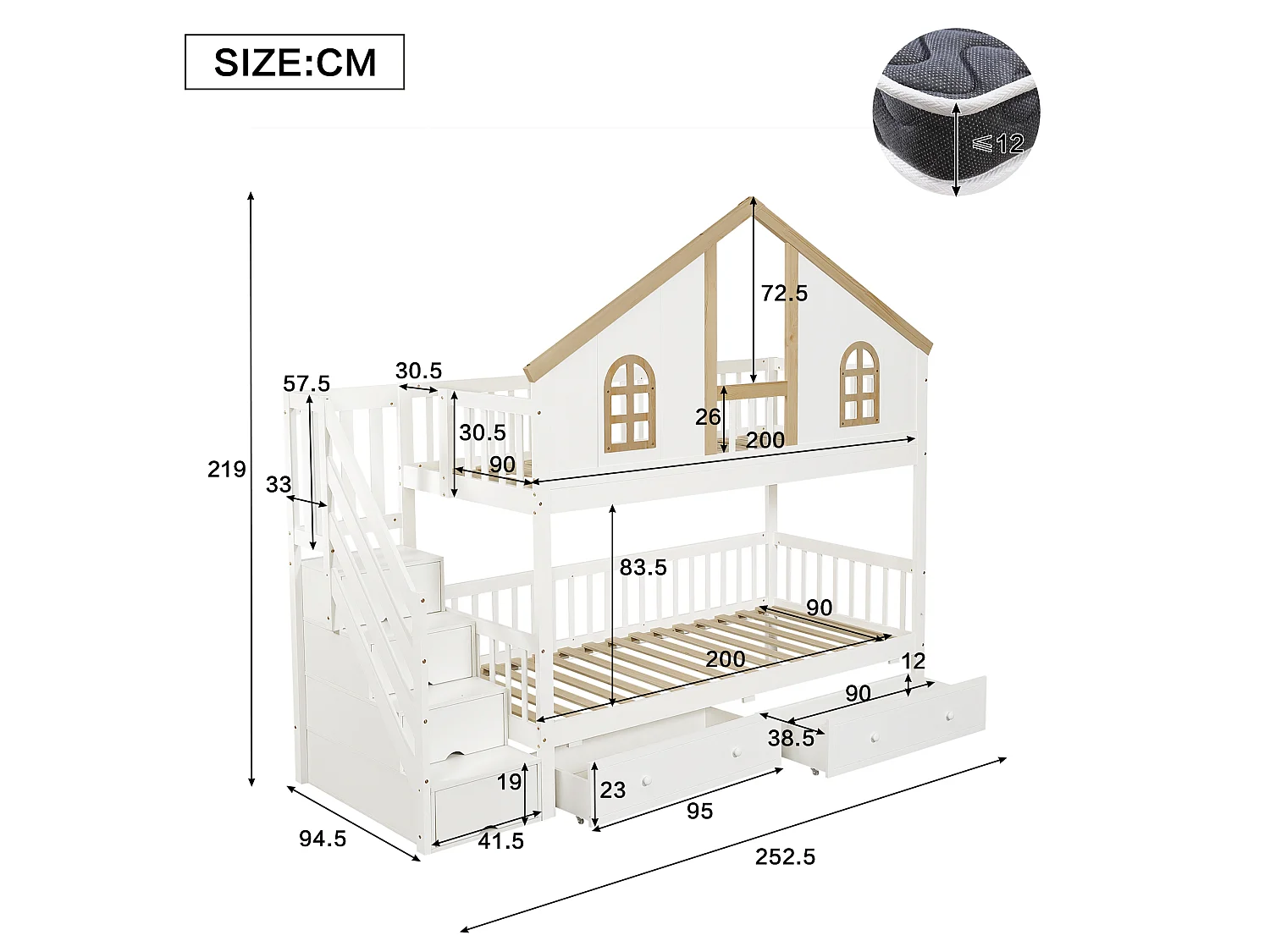 Lit superposé enfant 90 x 200 cm, design cabane, escalier de rangement, grands tiroirs, fenêtres, blanc et bois naturel