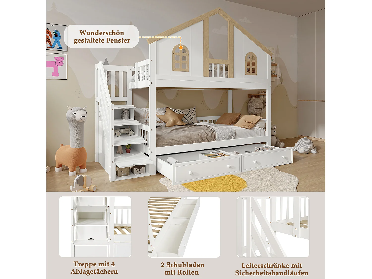 Lit superposé enfant 90 x 200 cm, design cabane, escalier de rangement, grands tiroirs, fenêtres, blanc et bois naturel