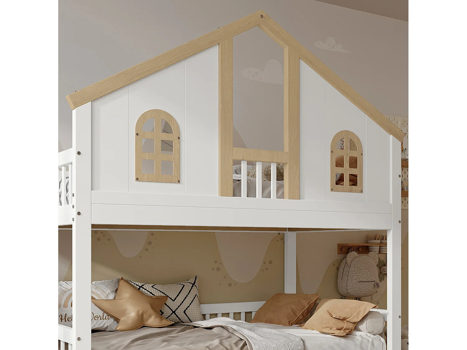 Lit superposé enfant 90 x 200 cm, design cabane, escalier de rangement, grands tiroirs, fenêtres, blanc et bois naturel