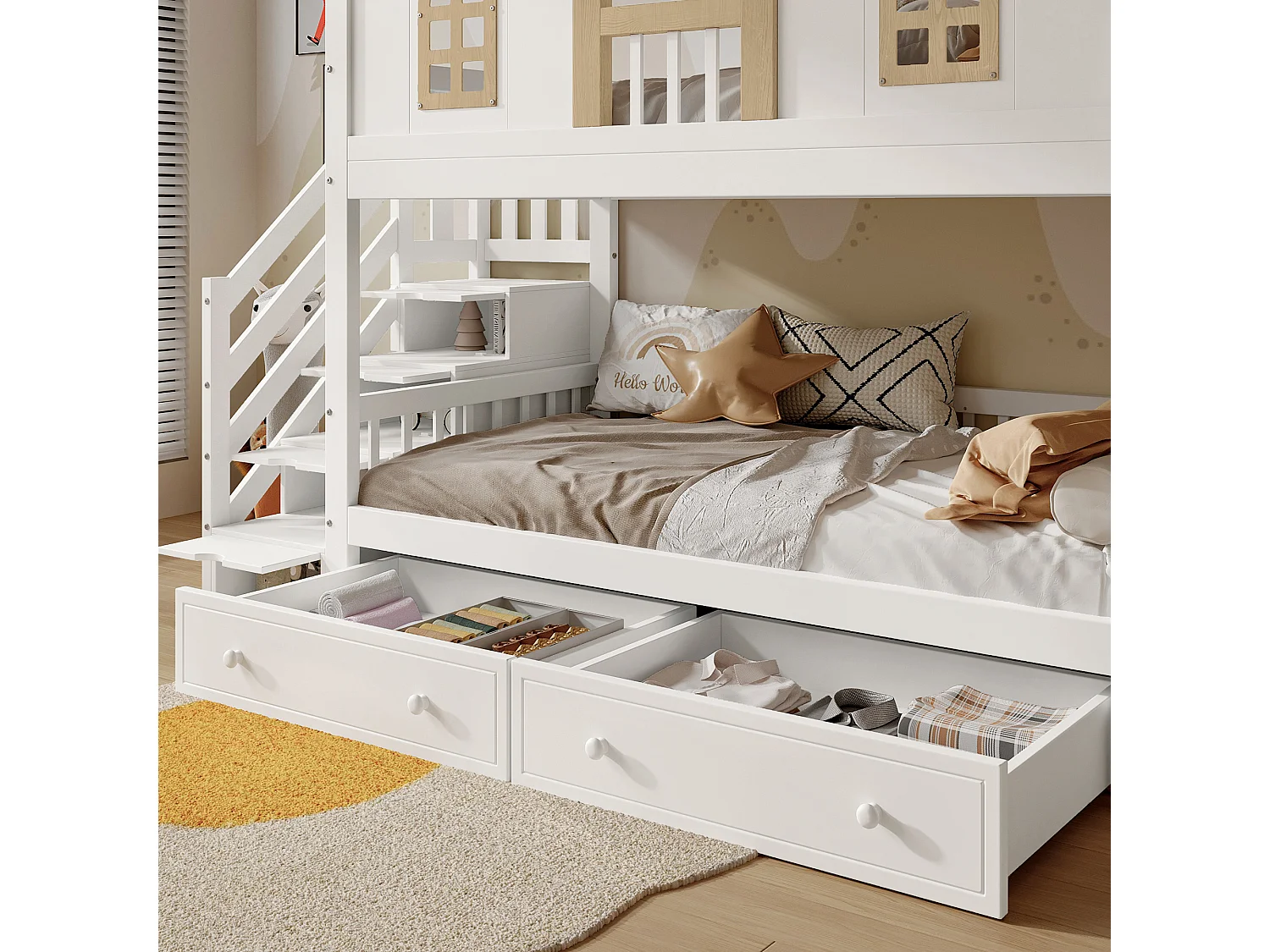 Lit superposé enfant 90 x 200 cm, design cabane, escalier de rangement, grands tiroirs, fenêtres, blanc et bois naturel