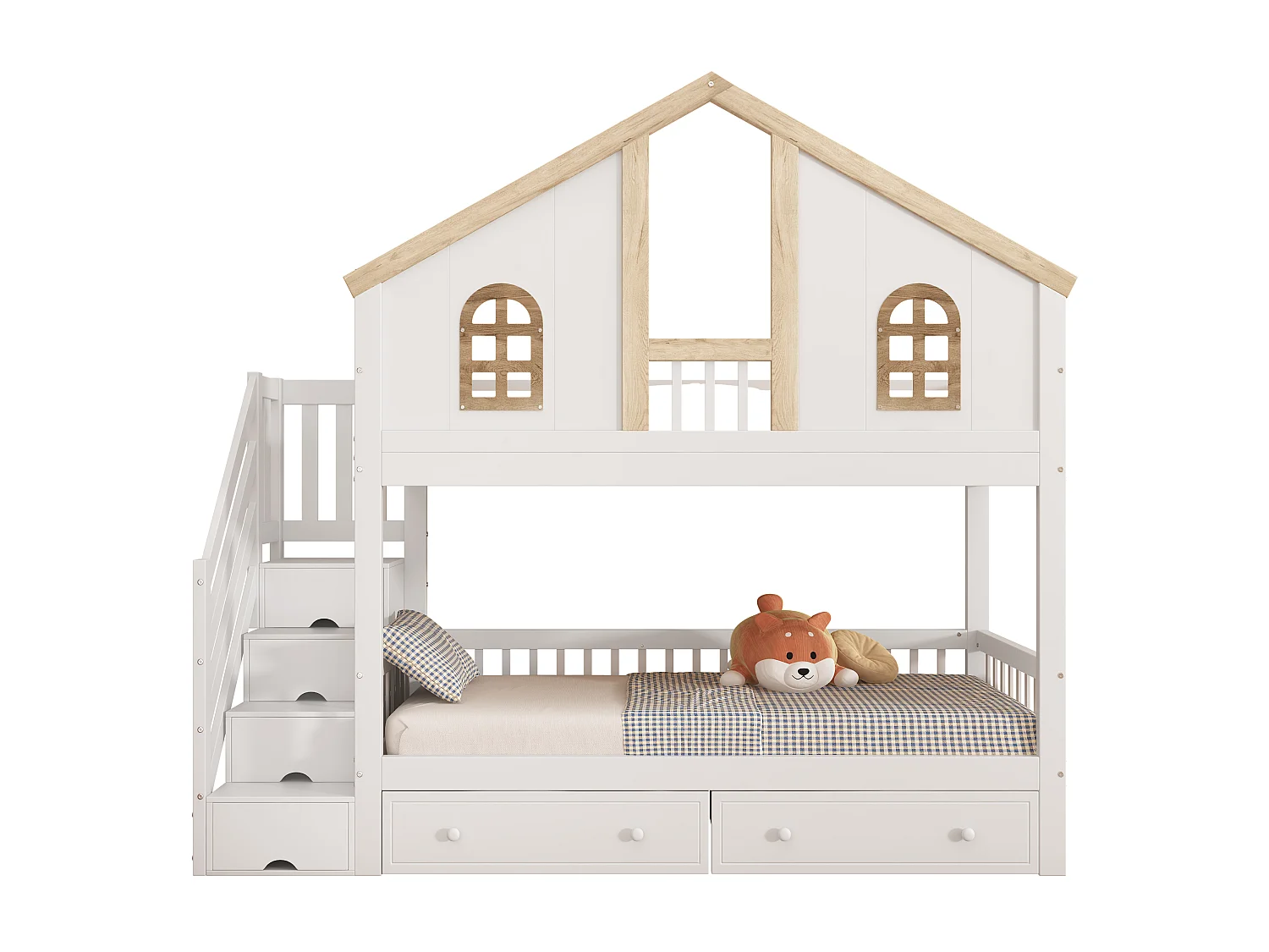 Lit superposé enfant 90 x 200 cm, design cabane, escalier de rangement, grands tiroirs, fenêtres, blanc et bois naturel