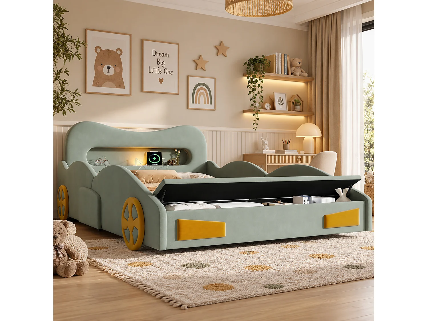 Lit voiture enfant 140x200cm avec lampe de lecture, port de charge, tiroir au pied et roues décoratives, lit rembourré en velours, vert
