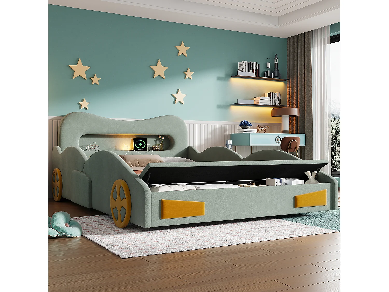 Lit voiture enfant 140x200cm avec lampe de lecture, port de charge, tiroir au pied et roues décoratives, lit rembourré en velours, vert